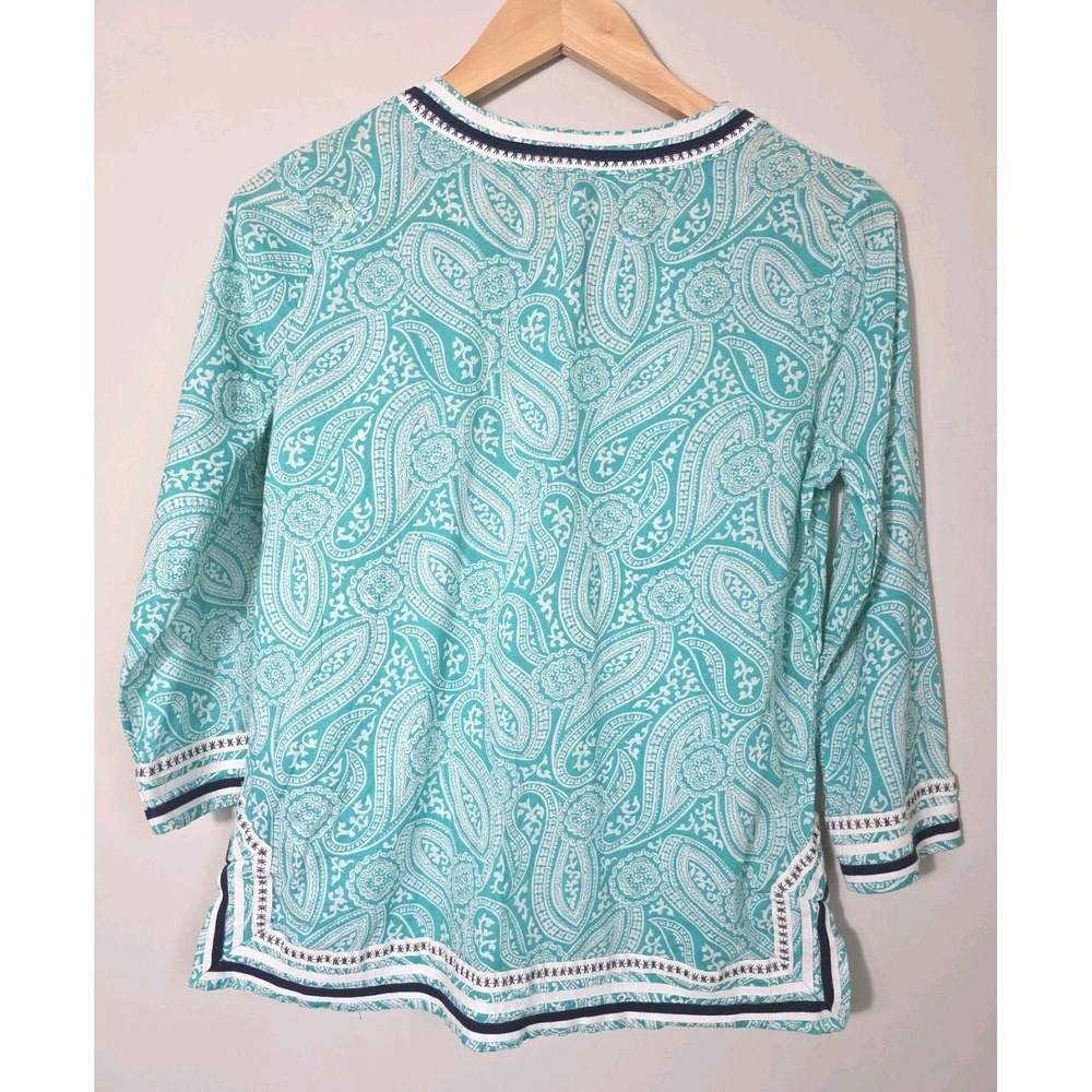 Talbots Women's Paisley Blouse Size S Green Cotton Tunic 3/4 Sleeve Top - Picture 2 of 8